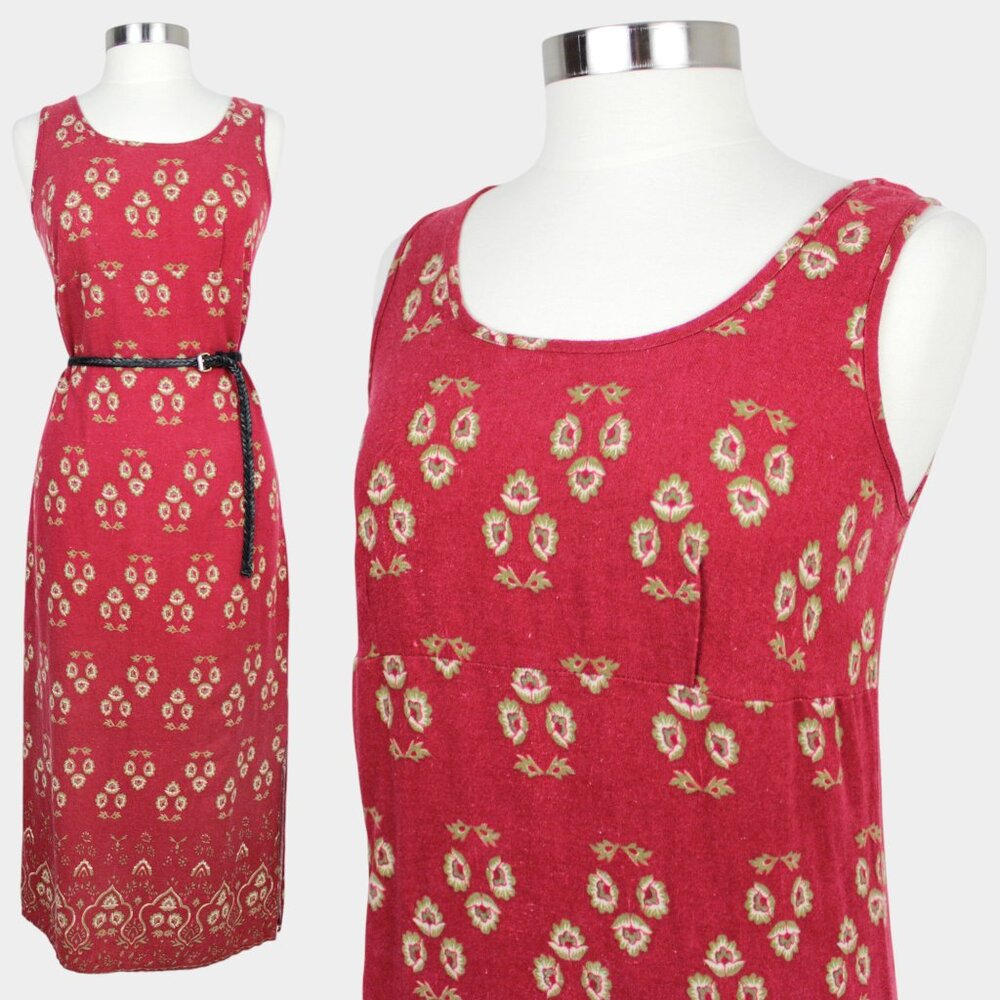 Vintage Red Linen Midi Dress • 90s Minimalist Cottagecore Floral Dress
